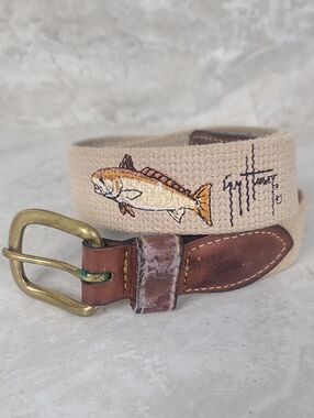 Vtg Guy Harvey Redfish Embroidered Backcountry Coastal Leather Khaki Belt 38
